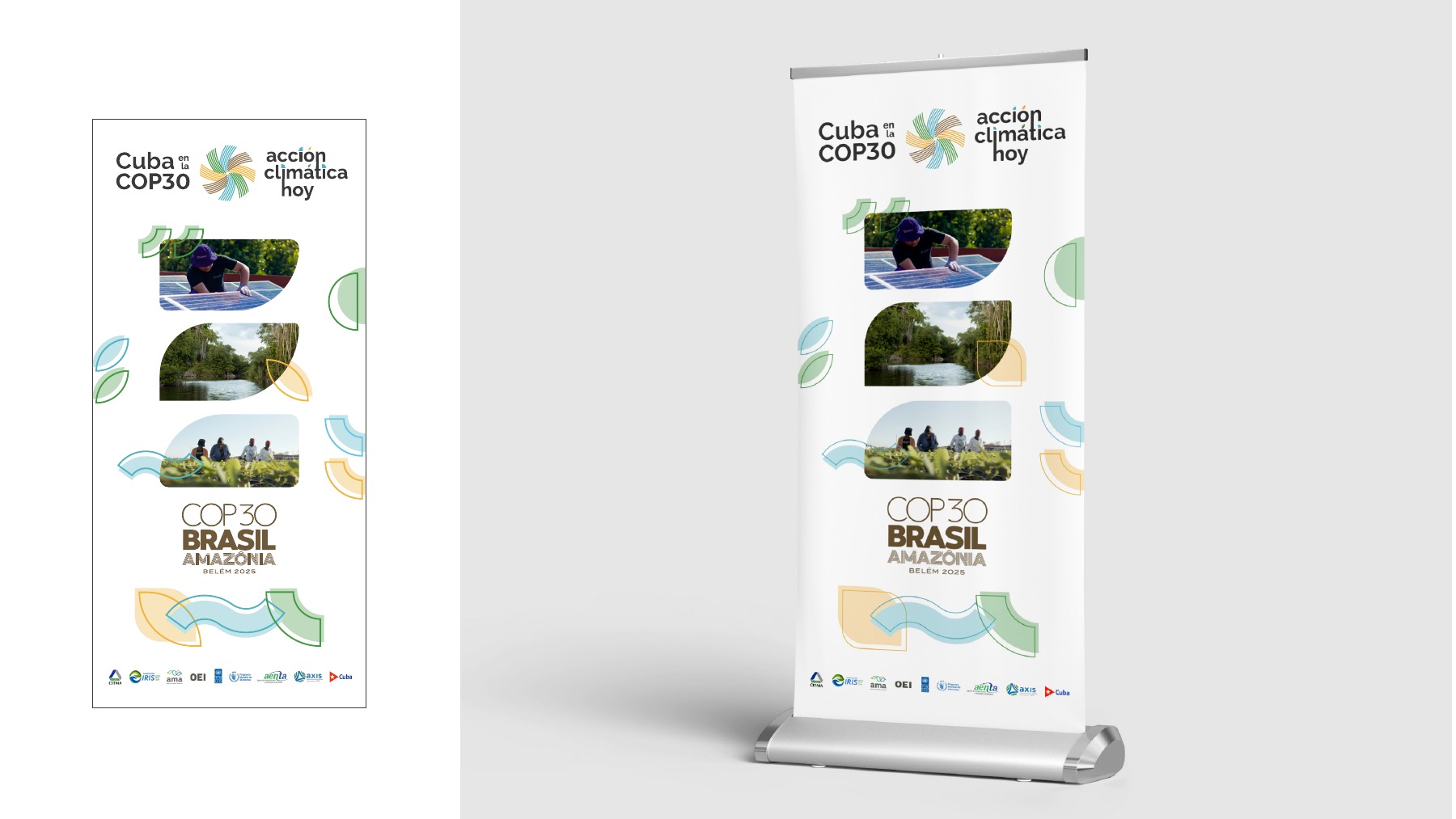 Propuesta de roll-up con fotografías, formas orgánicas y la marca COP30 Brasil Amazônia