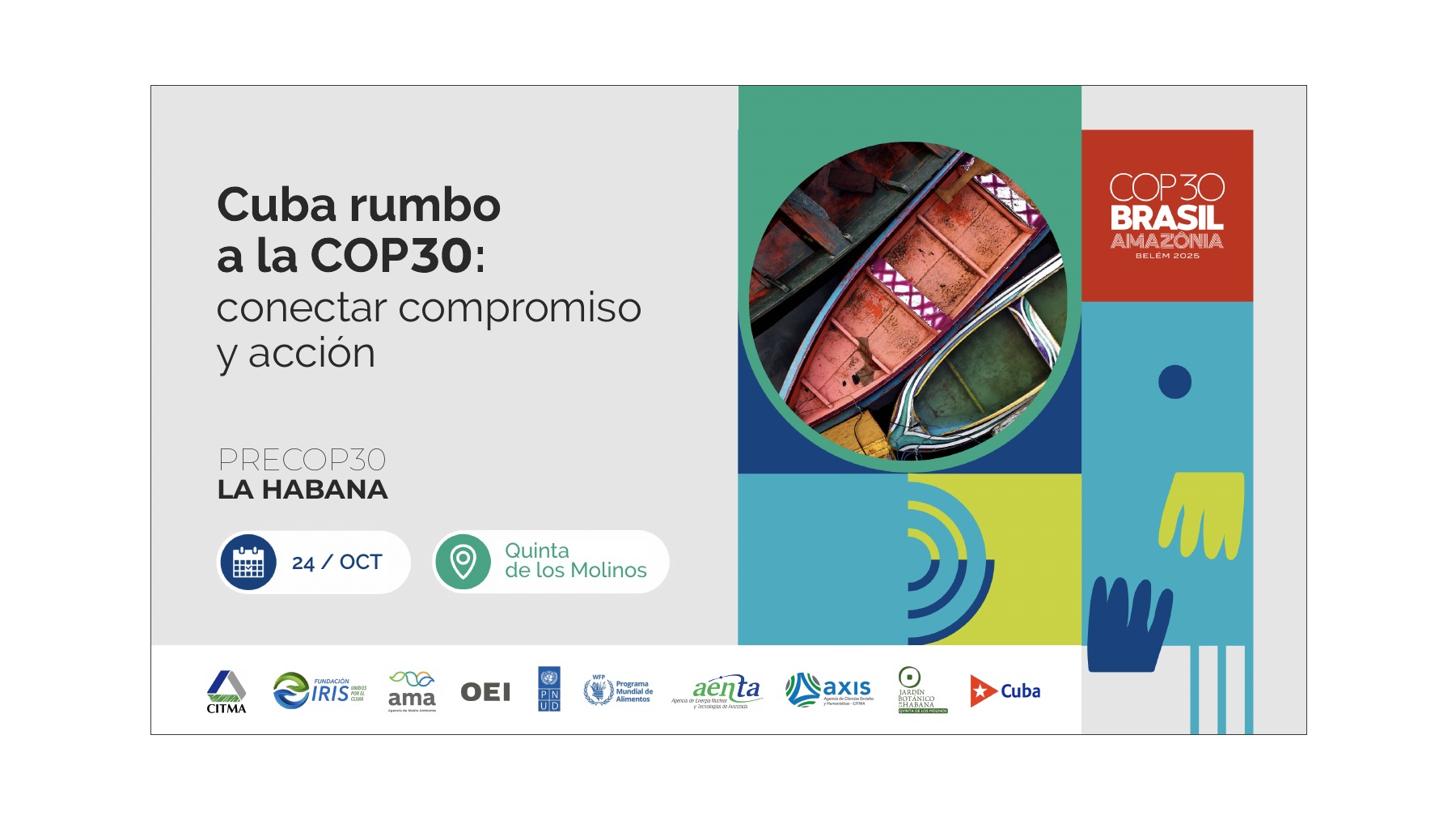 Cartel Cuba rumbo a la COP30: conectar compromiso y acción, PreCOP del 24 de octubre en Quinta de los Molinos